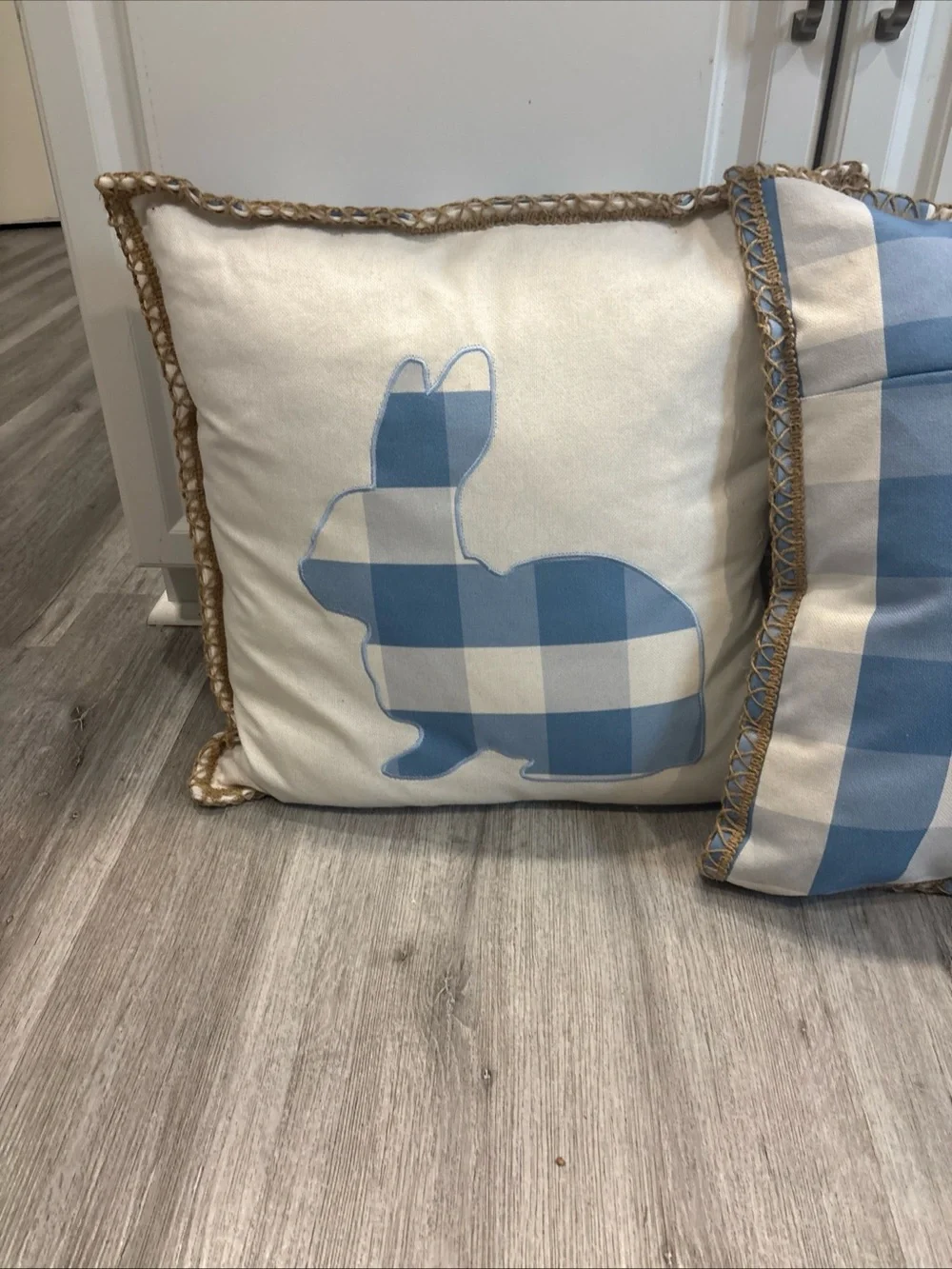 Blue Buffalo Check Bunny Throw Pillow by at home x grace mitchell large Easter